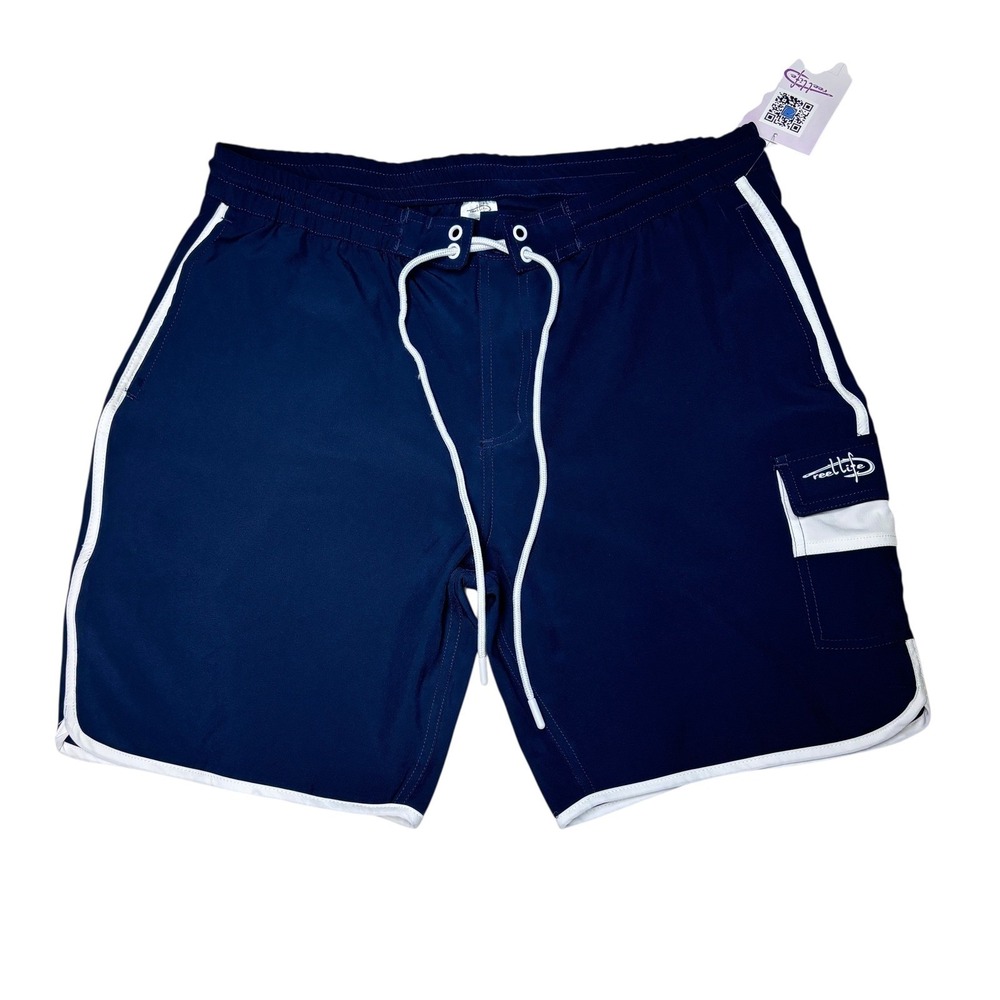 Reel Life Men's‎ XL Swim Trunks Blue White Striped Cargo Pocket Drawstring